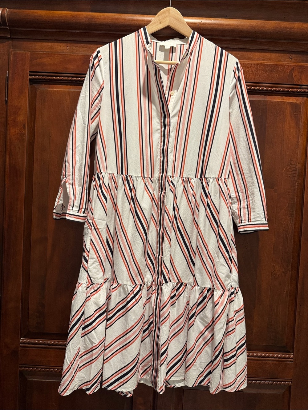 Striped Button-Front Tiered Midi Dress in White, Navy & Coral